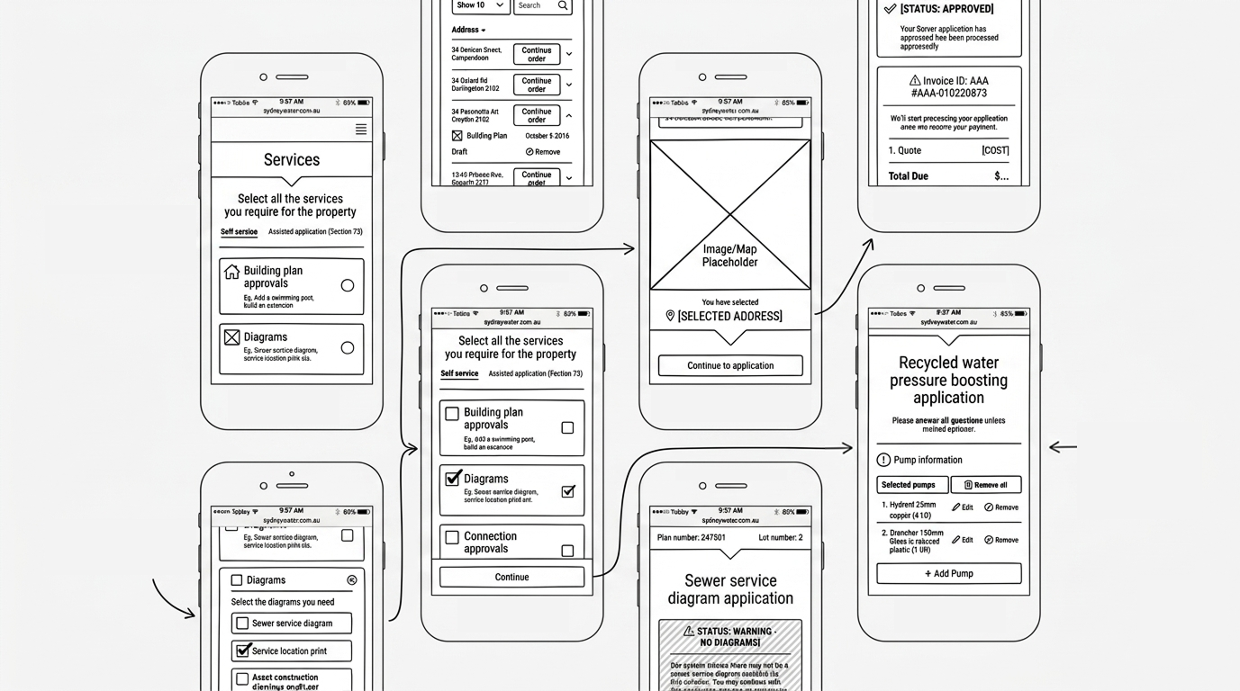 Tap in wireframes mapping the submission journey across services, plan selection, and application status screens