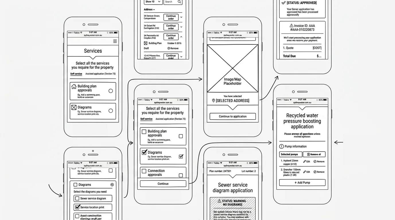 Tap in wireframes mapping the submission journey across services, plan selection, and application status screens